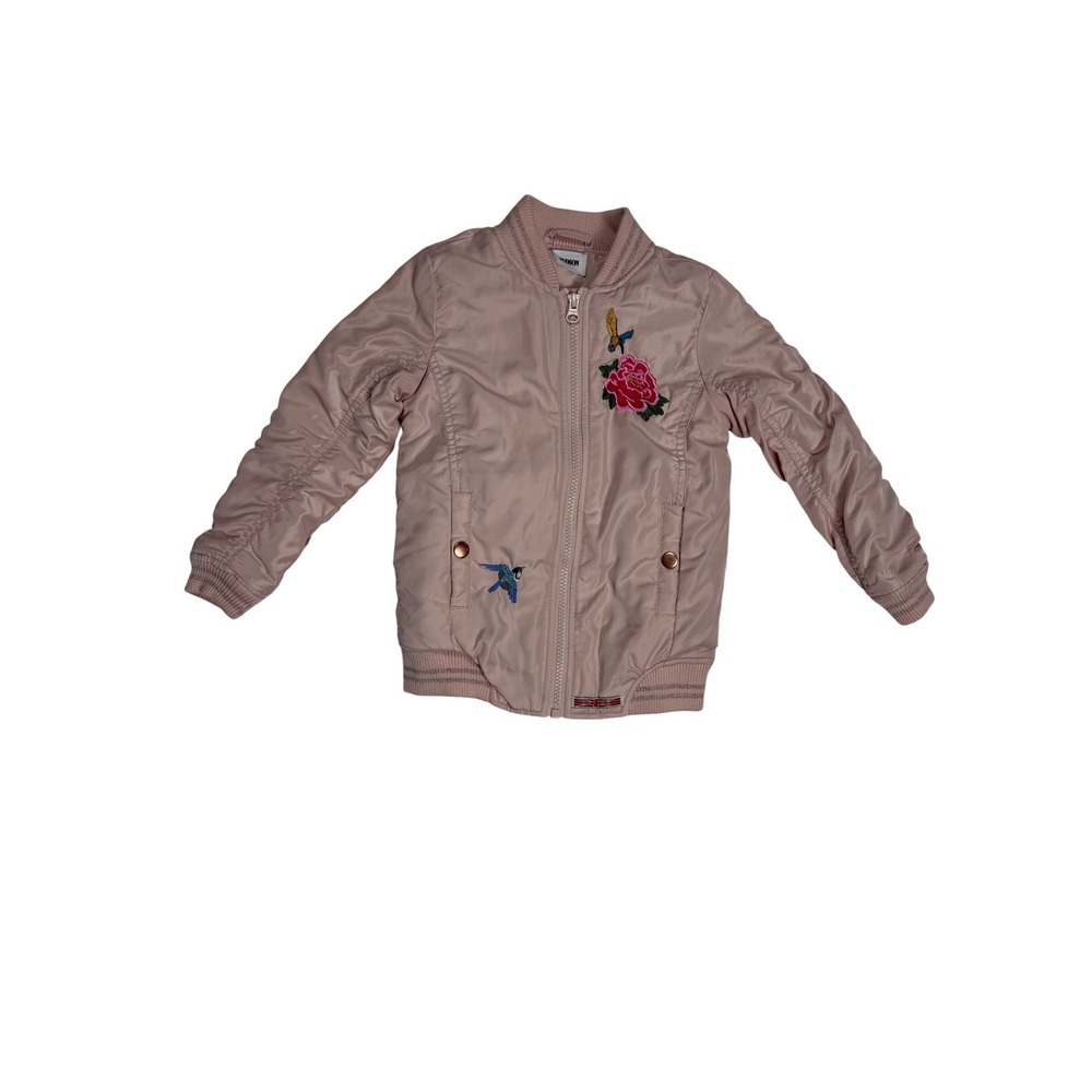 Hudson Kids Blush Pink‎ Embroidered Floral Bird Bomber Jacket Size 5 Full Zip